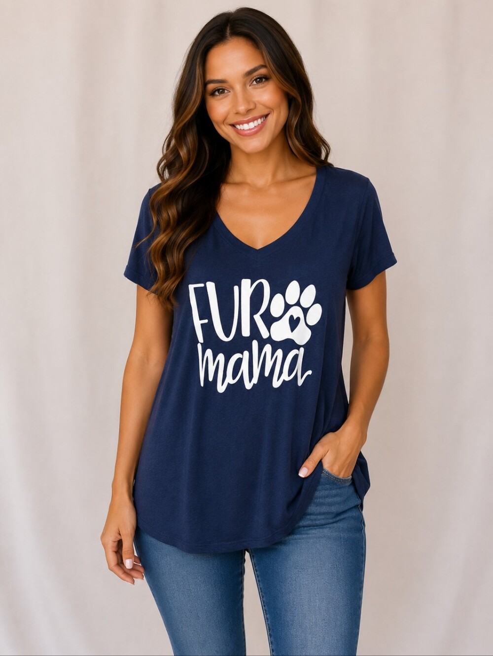 Fur Mama Navy V-Neck Tee with Paw Graphic